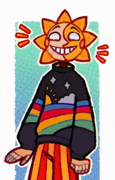 a drawing of a person with an orange hair wearing a colorful shirt and striped pants