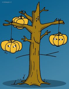 a cartoon tree with pumpkins hanging from it's branches