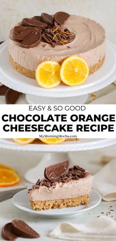 chocolate orange cheesecake recipe on two white plates with the title in the top right corner