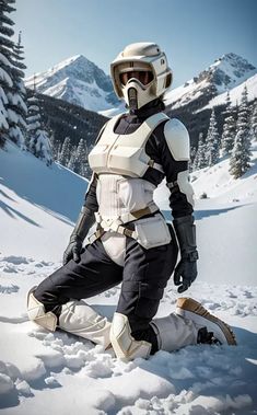 a man dressed in star wars gear sitting on the snow