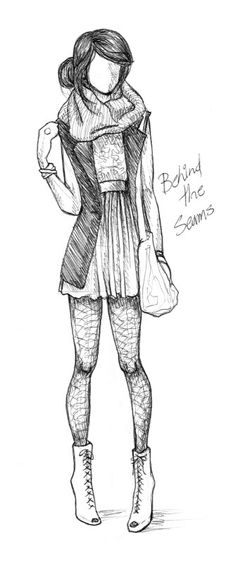 a drawing of a woman in tights and boots holding a bag with the words behind her