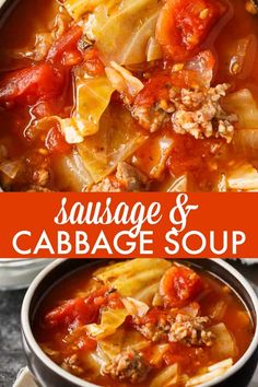 sausage and cabbage soup in a white bowl