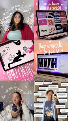 a collage of photos showing different types of laptops and their names on the screen