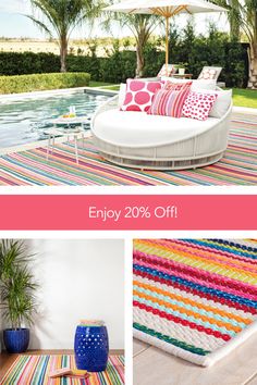 an outdoor area with colorful rugs and pillows next to a pool that has a white umbrella over it