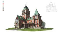 an old house with green roof and two towers