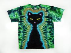 a tie dye shirt with a black cat on it