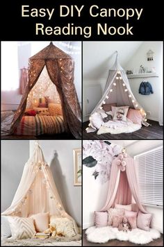 four different types of canopy beds with lights on them and the words easy diy canopy reading