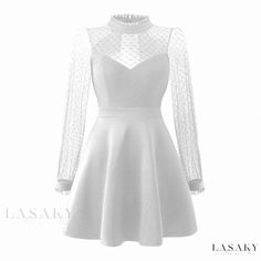 Lasaky - Deep V-neck, Waist-Cinching, Tummy-Hiding, Sheer Long-Sleeved Dress with Low Back and Short Skirt - Perfect for Evening Events and Professional Settings Backless Skirt, Sheer Long Sleeve Dress, Backless Sweater, Printed Short Dresses, Elegant Attire, Empire Waist Dress, Overlay Dress, Professional Attire, Maxi Dress Evening