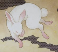 a painting of a white rabbit laying on top of a cloud covered ground with yellow sprinkles