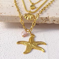 Luxury Unique Necklaces For The Beach, Luxury Ocean-inspired Jewelry With Starfish Charm, Luxury Starfish Charm Necklace, Elegant Luxury Shell Pendant Necklace, Ibiza 2024, Starfish Necklace Gold, Boho Sandals, Starfish Pendant, Starfish Necklace