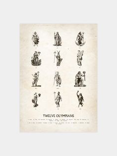 the twelve olympians are depicted in black and white on an old - fashioned paper