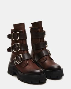 ROLAND Brown Leather Ankle Lug Sole Bootie | Women's Booties – Steve Madden Brown Chunky Boots, Calf Boots Outfit, Brown Outfit Aesthetic, Brown Combat Boots, Frontal Lobe, Women's Booties, Madden Boots, Neutral Aesthetic, Steve Madden Boots