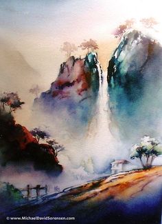 a painting of mountains and trees in the distance with mist coming from them, watercolor on paper