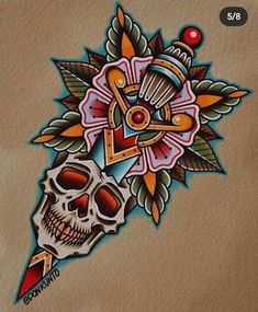 a drawing of a skull with a flower and an all seeing eye on it's forehead