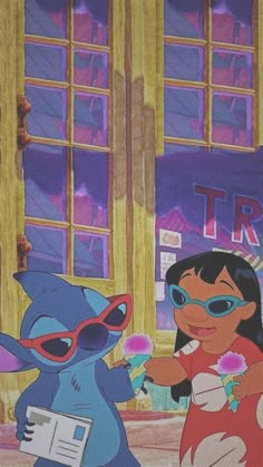 an animated character is talking to another character in front of a building with large windows