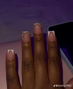 Short Almond French Tip Designs, Cute Nails Acrylic Rhinestones, Short French Tip Acrylic Nails Diamond, Cute Short Acrylic Nails New Years, Cute Short Nails With Diamonds, French Tip With Rine Stone, Short Nails Acrylic Bling, April 2024 Nails Ideas, Short French With Rhinestone