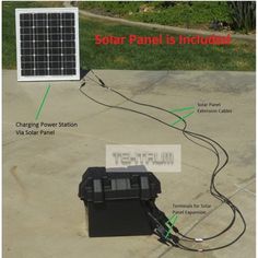 an image of a solar panel connected to a charger on the ground with other parts labeled