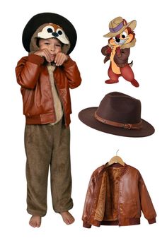 a little boy wearing a brown jacket and hat next to an image of a cartoon character