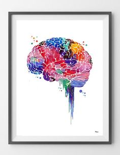 a painting of a colorful brain in watercolor on white paper with black framed frame