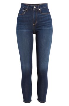 Classic topstitching adds visual contrast to a pair of whiskered skinny jeans with a faded dark wash and ankle-skimming hems for a timeless closet must-have. 27" inseam; 10" leg opening; 10 1/2" front rise 50% modal, 42% cotton, 6% polyester, 2% elastane Machine wash, tumble dry Made in the USA Jeans Png, Dark Wash Jeans Women, High Wasted Jeans, Button Jeans, Chic Jeans, Denim Chic, Dark Blue Jeans, Dark Jeans, Jeans Outfit