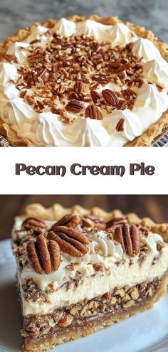 pecan cream pie with whipped cream and pecans in the crusts on top