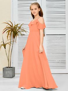 This refined chiffon junior bridesmaid dress features a glamorous wavy neckline. Its distinctly elegant design combined with quality craftsmanship make it the perfect choice for special events. Champagne Chocolate, Orange Orchid, White Wisteria, Junior Bridesmaid Dress, Junior Bridesmaid Dresses, Junior Bridesmaid, Dress Purchase, Pink Candy, Different Fabrics