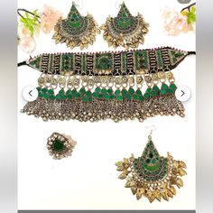 Green Bridal Afghan Jewlery Set Bohemian Wedding Jewelry With Motifs, Green Wedding Sets With Motifs, Ceremonial Tilla Bridal Sets, Elegant Bridal Sets For Traditional Ceremonies, Traditional Silver Bridal Accessories, Traditional Silver Bridal Accessories For Celebration, Bohemian Green Wedding Jewelry, Heavy Bohemian Bridal Necklace For Wedding, Green Bridal Sets With Pallu For Wedding