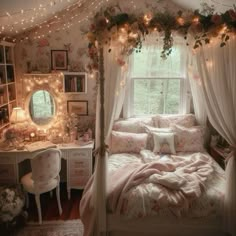 a bedroom with a canopy bed covered in flowers and fairy lights next to a window