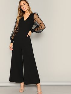 Wide Leg Jumpsuit Outfit, Galaxy Print, Outfit Trends, Mesh Sleeves, Style Noir, Mode Online, Jumpsuit Fashion