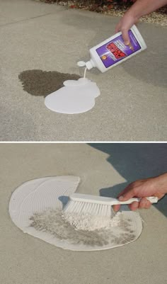 two pictures side by side one shows a person using a brush to clean the floor