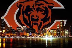 the chicago bears logo is shown in front of a cityscape