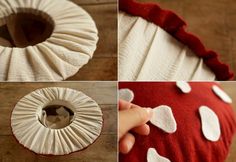 four different pictures showing how to make a pillow