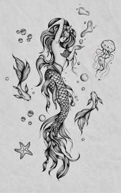 a drawing of a mermaid with fish and starfishs on the bottom half of her body