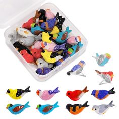 small toy birds in a plastic container on a white surface