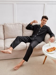 Black   Long Sleeve  Plain Pajama Sets Embellished Non-Stretch  Men Underwear & Loungewear Men In Pajamas, Men’s Pajamas, Male Loungewear, Mens Loungewear Fashion, Men Pajamas Fashion, Male Pyjamas, Man Pijama, Male Pajamas