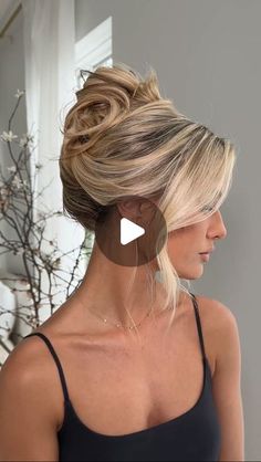 Updos For Blonde Hair, Long Hair High Updo, Pam Anderson Wedding Hair, Messy High Bun Updo, Bridal Hair And Makeup For Blondes, Hollywood Bun, Wedding Hair High Updo, Elegant High Bun Hairstyles, Side Part Messy Bun