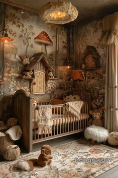 a baby crib with stuffed animals on the floor in front of a wallpapered nursery