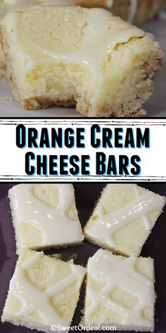 orange cream cheese bars cut into squares and stacked on top of each other