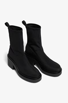 Chunky heel sock boots - Black - Monki WW Heeled Sock Boots, Sock Boots, Lycra Fabric, Socks And Heels, Chunky Block Heels, Chunky Heel, Chunky Heels, Black Boots, Block Heels