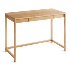 a wooden desk with two drawers on one side and an open drawer on the other