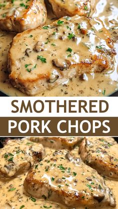 two pictures of pork chops covered in gravy