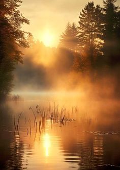 the sun is shining through the foggy trees on the water's edge, with reeds in the foreground