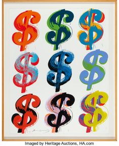 an abstract painting with different colors and symbols on the bottom half of it, including dollar signs