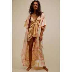 So Billowy And Beautiful, This Soft Robe Is Featured In A Satin Fabrication And Maxi-Length With Ruffled Detailing And Lace Trim Throughout. Fit: Shapeless, Billowy Silhouette; Maxi-Length Features: Soft Fabrication, Washed Dye Detail Throughout, Tie At Waist, Short-Sleeve Silhouette, Ruffled Hemlines, Lace Detail Why We It: This Robe Can Be Layered Over Your Favorite Pajama Set Or Worn As A Lightweight Layering Piece With Your Favorite Slouchy Jeans. Intimately Our Softest Intimates And Best-Ev Chic Beige Sleepwear For Summer, Silk Summer Sleepwear, Feminine Beige Summer Sleepwear, Beige Summer Sleepwear For Vacation, Free People Kimono, Sequin Kimono, Silky Robe, Soft Robes, Sleeve Silhouette