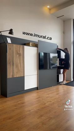 Lit escamotable sur mesure avec rangement et porte coulissante avec support TV. Diy Interior Design Projects, Unique Apartment, Sofa Bed For Small Spaces, Easy Room Decor, Hall Interior Design, Hall Interior, Kitchen Designs Layout, Furniture Design Living Room, House Furniture Design