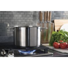 a stainless steel pot sitting on top of a gas stove next to tomatoes and lettuce