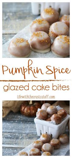 pumpkin spice glazed cake bites with sprinkles on top and in the background