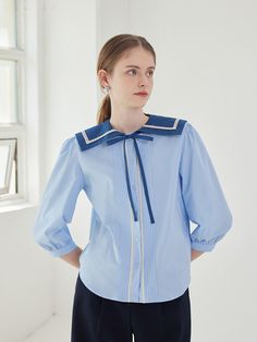 Editor's notesThis lovely sailor blouse features wide collar design with lace strings, and pleated panel at front for feminine mood. - Soft and crisp cotton fabric- Romantic sailor collar with lace trims and strings. - Casual button fastenings- Shirred detail at shoulders and cuffs for added volumeMeasurements(in.)Size One Size(XS-M)- Shoulder: 15.35 in - Bust: 19.49 in - Armhole: 9.06 in - Sleeve width: 7.68 in - Sleeve hem: 4.53 in - Sleeve length: 17.72 in&n Secret Wardrobe, Sailor Blouse, 90s Street Style, Persian Fashion, Sailor Shirt, Clothes Korean Style, Sailor Collar, Comfy Chic, Lace Trims