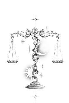 a drawing of a balance scale with the moon and stars in the sky behind it