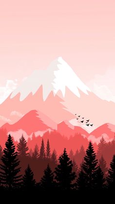 an image of a mountain scene with birds flying over the trees in front of it